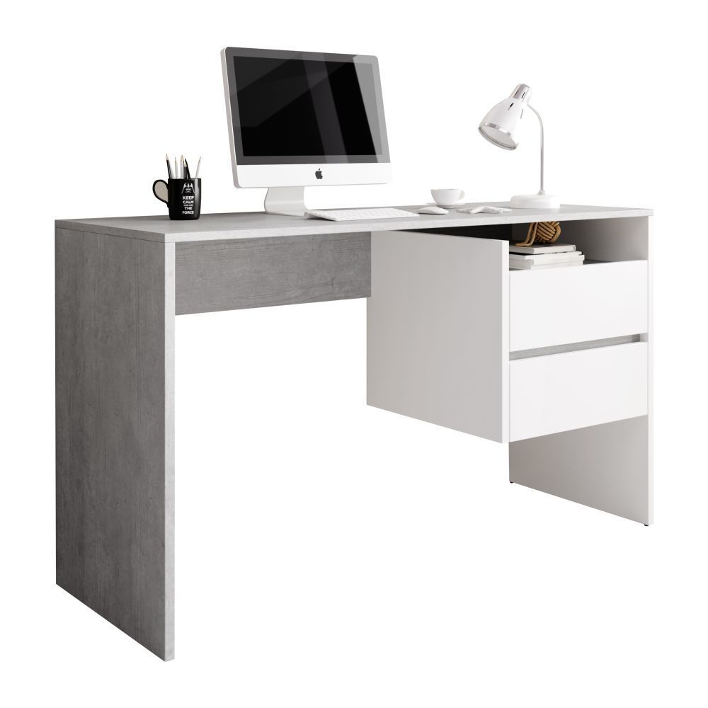 Beton hatású polcos íróasztal, 2 fiókkal, fehér - POLAIRE - Butopêa